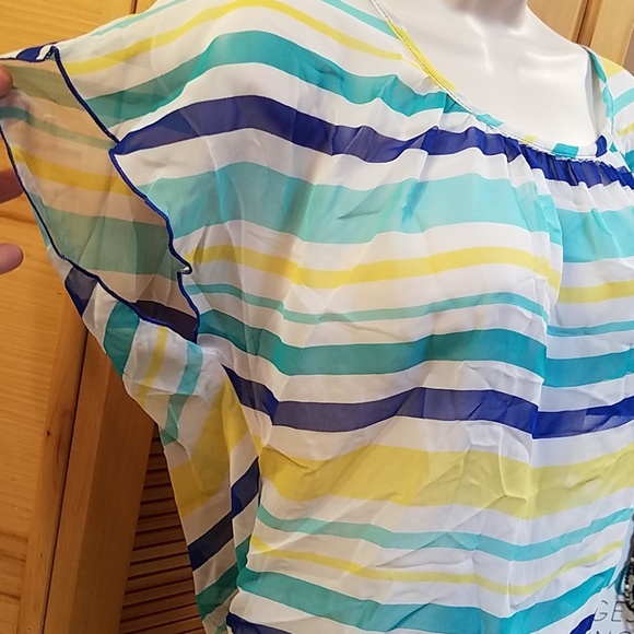 A'gaci | white, blue & teal green striped semi sheer top Large Nwt - Picture 2 of 7